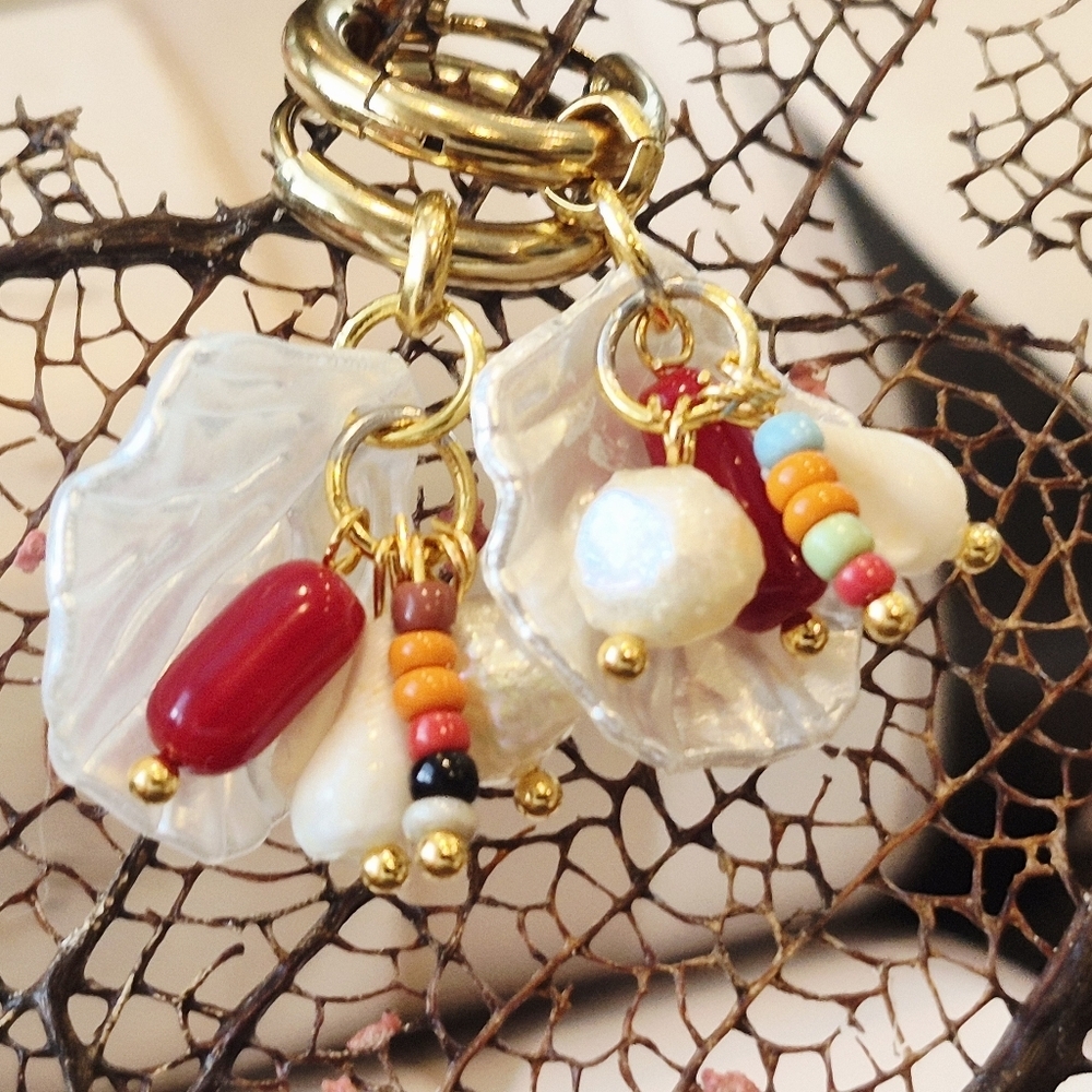 18k Gold Plated Stainless Earrings  Red Coral Freshwater Pearl Natual Shell - Picture 5 of 7